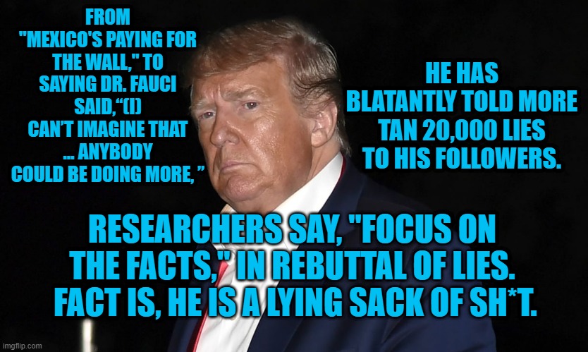 Feces Is As Feces Does. | FROM "MEXICO'S PAYING FOR THE WALL," TO SAYING DR. FAUCI SAID,“(I) CAN’T IMAGINE THAT … ANYBODY COULD BE DOING MORE, ”; HE HAS BLATANTLY TOLD MORE TAN 20,000 LIES TO HIS FOLLOWERS. RESEARCHERS SAY, "FOCUS ON THE FACTS," IN REBUTTAL OF LIES.  FACT IS, HE IS A LYING SACK OF SH*T. | image tagged in politics | made w/ Imgflip meme maker