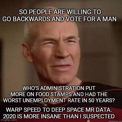 Dafuq Picard | SO PEOPLE ARE WILLING TO GO BACKWARDS AND VOTE FOR A MAN; WHO'S ADMINISTRATION PUT MORE ON FOOD STAMPS AND HAD THE WORST UNEMPLOYMENT RATE IN 50 YEARS? WARP SPEED TO DEEP SPACE MR DATA. 2020 IS MORE INSANE THAN I SUSPECTED | image tagged in dafuq picard | made w/ Imgflip meme maker