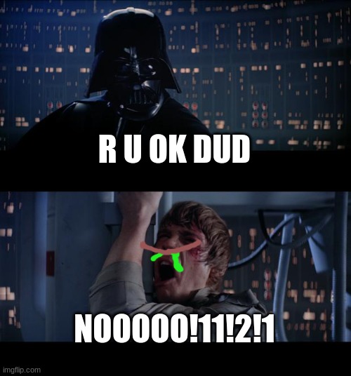 Star Wars No | R U OK DUD; NOOOOO!11!2!1 | image tagged in memes,star wars no | made w/ Imgflip meme maker