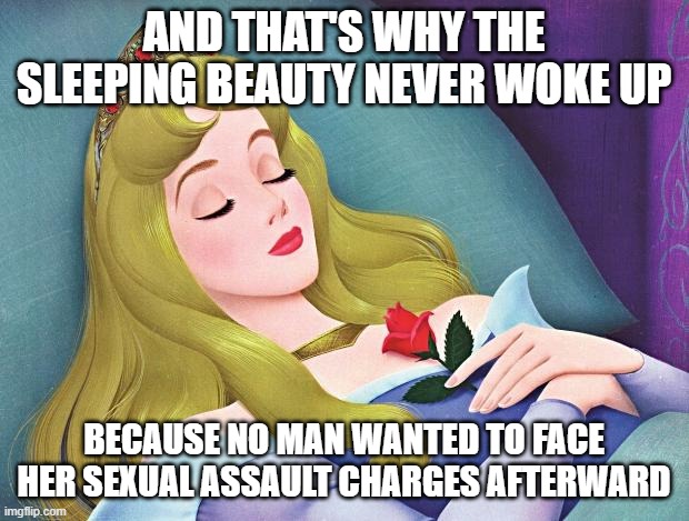 The sleeping beauty never had consent | AND THAT'S WHY THE SLEEPING BEAUTY NEVER WOKE UP; BECAUSE NO MAN WANTED TO FACE HER SEXUAL ASSAULT CHARGES AFTERWARD | image tagged in sleeping beauty | made w/ Imgflip meme maker