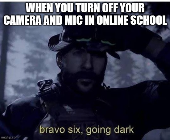 Bravo six going dark |  WHEN YOU TURN OFF YOUR CAMERA AND MIC IN ONLINE SCHOOL | image tagged in bravo six going dark | made w/ Imgflip meme maker