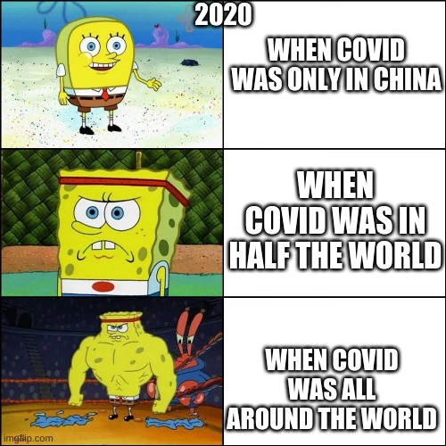 e | 2020; WHEN COVID WAS ONLY IN CHINA; WHEN COVID WAS IN HALF THE WORLD; WHEN COVID WAS ALL AROUND THE WORLD | image tagged in increasingly buffed spongebob | made w/ Imgflip meme maker