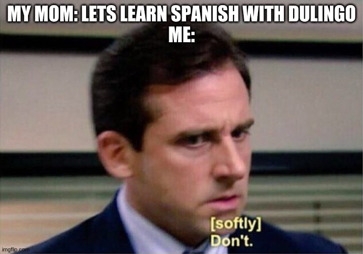 Michael Scott Don't Softly | MY MOM: LETS LEARN SPANISH WITH DULINGO
ME: | image tagged in michael scott don't softly | made w/ Imgflip meme maker
