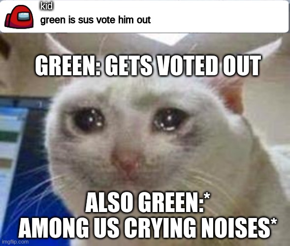 kid; green is sus vote him out; GREEN: GETS VOTED OUT; ALSO GREEN:* AMONG US CRYING NOISES* | image tagged in sad cat,among us chat | made w/ Imgflip meme maker