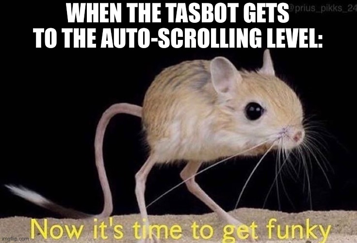 TASBot | WHEN THE TASBOT GETS TO THE AUTO-SCROLLING LEVEL: | image tagged in now it s time to get funky | made w/ Imgflip meme maker