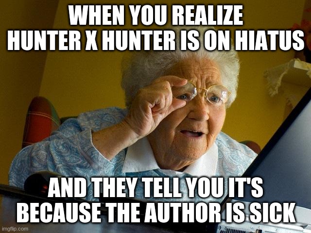 Grandma Finds The Internet | WHEN YOU REALIZE HUNTER X HUNTER IS ON HIATUS; AND THEY TELL YOU IT'S BECAUSE THE AUTHOR IS SICK | image tagged in memes,grandma finds the internet | made w/ Imgflip meme maker