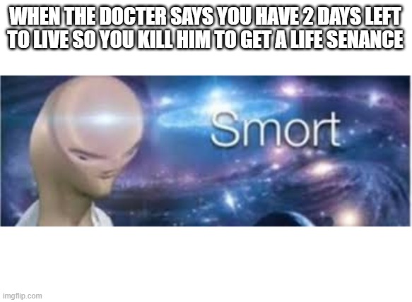 Nodoby made this | WHEN THE DOCTER SAYS YOU HAVE 2 DAYS LEFT TO LIVE SO YOU KILL HIM TO GET A LIFE SENANCE | image tagged in memes | made w/ Imgflip meme maker