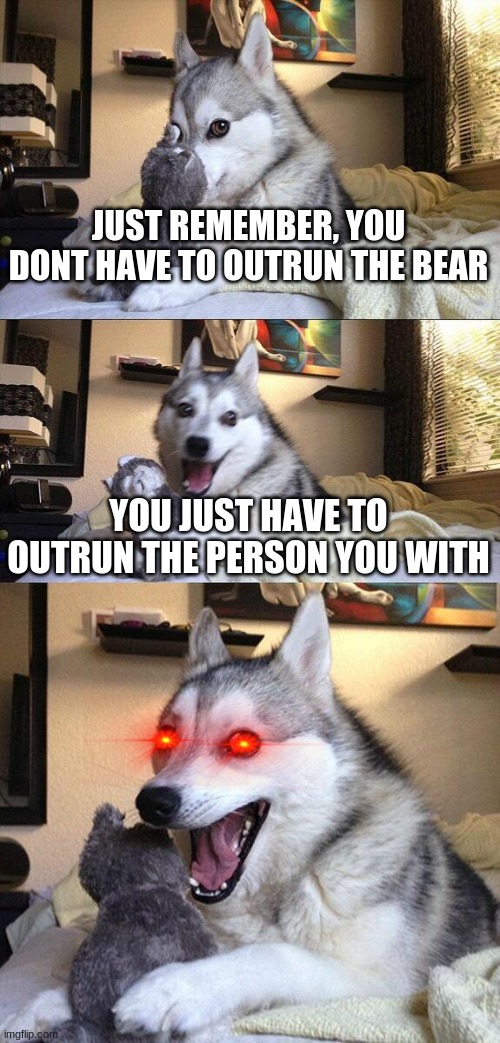 run | JUST REMEMBER, YOU DONT HAVE TO OUTRUN THE BEAR; YOU JUST HAVE TO OUTRUN THE PERSON YOU WITH | image tagged in memes,bad pun dog,funny | made w/ Imgflip meme maker