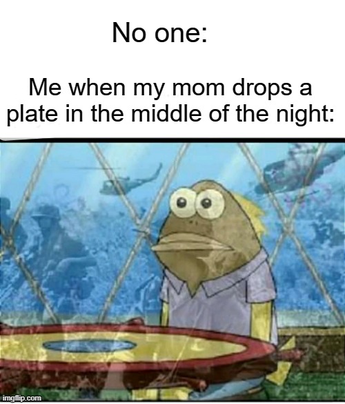 I got so f*cking scarred | No one:; Me when my mom drops a plate in the middle of the night: | image tagged in spongebob fish vietnam flashback | made w/ Imgflip meme maker