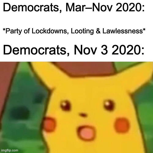Surprised Pikachu Meme | Democrats, Mar–Nov 2020:; *Party of Lockdowns, Looting & Lawlessness*; Democrats, Nov 3 2020: | image tagged in memes,surprised pikachu,political meme,election 2020 | made w/ Imgflip meme maker