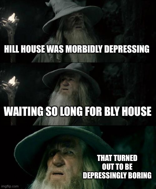 Awe, what a boring crap fest | HILL HOUSE WAS MORBIDLY DEPRESSING; WAITING SO LONG FOR BLY HOUSE; THAT TURNED OUT TO BE DEPRESSINGLY BORING | image tagged in memes,confused gandalf | made w/ Imgflip meme maker