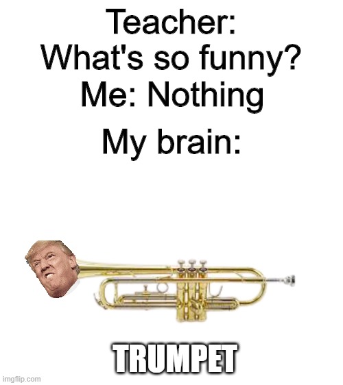 Blank White Template | Teacher: What's so funny? Me: Nothing; My brain:; TRUMPET | image tagged in blank white template | made w/ Imgflip meme maker