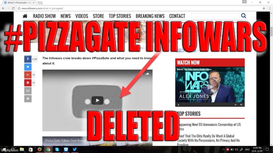 They cannot censor the #Pizzagate story! We will cover it in detail right here on Cringe_Hard. | image tagged in pizzagate infowars deleted | made w/ Imgflip meme maker