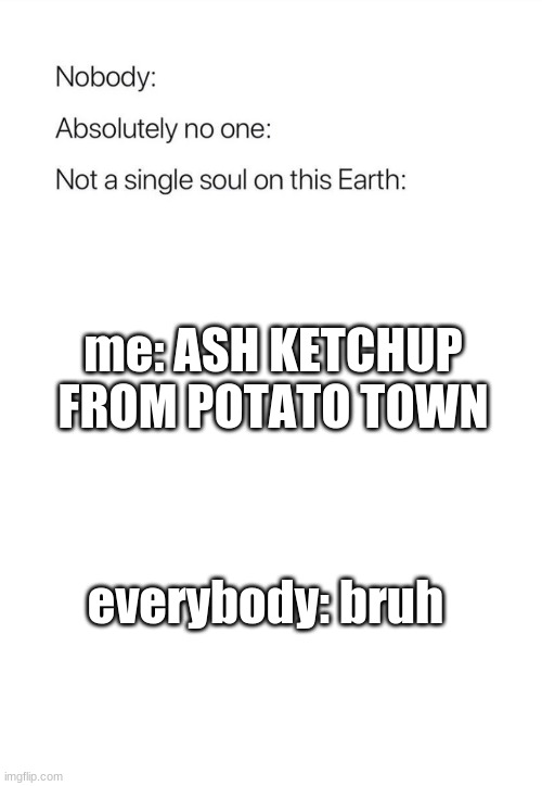 get it? dont hurt meh | me: ASH KETCHUP FROM POTATO TOWN; everybody: bruh | image tagged in nobody absolutely no one | made w/ Imgflip meme maker