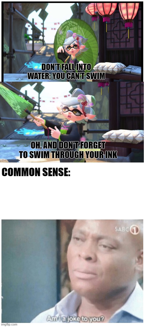 I used to play splatoon, and I thought that this part didn't make sense | DON'T FALL INTO WATER; YOU CAN'T SWIM; OH, AND DON'T FORGET TO SWIM THROUGH YOUR INK; COMMON SENSE: | image tagged in blank white template,splatoon 2 | made w/ Imgflip meme maker