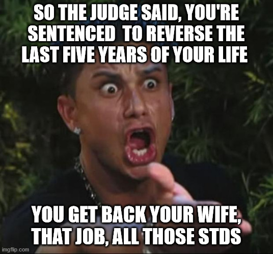 DJ Pauly D | SO THE JUDGE SAID, YOU'RE SENTENCED  TO REVERSE THE LAST FIVE YEARS OF YOUR LIFE; YOU GET BACK YOUR WIFE, THAT JOB, ALL THOSE STDS | image tagged in memes,dj pauly d | made w/ Imgflip meme maker