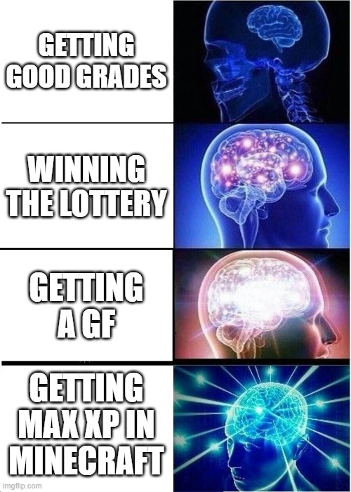 Everbody's life ever | GETTING GOOD GRADES; WINNING THE LOTTERY; GETTING A GF; GETTING MAX XP IN MINECRAFT | image tagged in memes,expanding brain | made w/ Imgflip meme maker