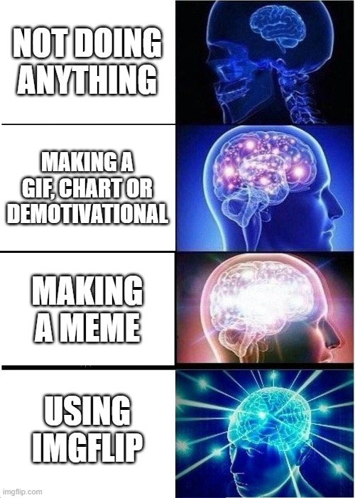 IMGFLIPP!! | NOT DOING ANYTHING; MAKING A GIF, CHART OR DEMOTIVATIONAL; MAKING A MEME; USING IMGFLIP | image tagged in memes,expanding brain | made w/ Imgflip meme maker