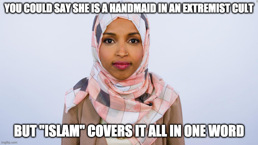 Ilhan Omar | YOU COULD SAY SHE IS A HANDMAID IN AN EXTREMIST CULT BUT "ISLAM" COVERS IT ALL IN ONE WORD | image tagged in ilhan omar | made w/ Imgflip meme maker