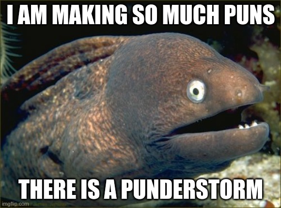 Bad Joke Eel Meme | I AM MAKING SO MUCH PUNS; THERE IS A PUNDERSTORM | image tagged in memes,bad joke eel | made w/ Imgflip meme maker
