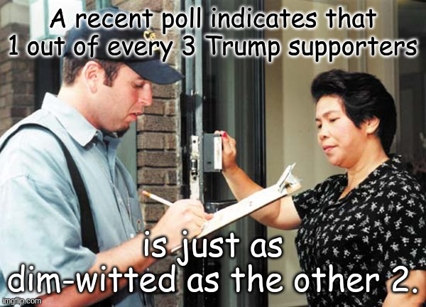 Poll Taker | A recent poll indicates that
1 out of every 3 Trump supporters is just as dim-witted as the other 2. | image tagged in poll taker | made w/ Imgflip meme maker