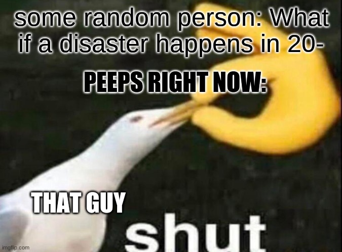 Don't. Just Don't.Not this year. | some random person: What if a disaster happens in 20-; PEEPS RIGHT NOW:; THAT GUY | image tagged in shut | made w/ Imgflip meme maker