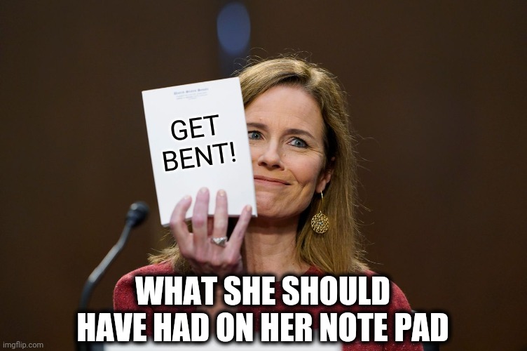 Shoulda, coulda, woulda... | GET BENT! WHAT SHE SHOULD HAVE HAD ON HER NOTE PAD | image tagged in memes,stupid liberals,supreme court,amy coney barrett,senate hearings,hateful democrats | made w/ Imgflip meme maker