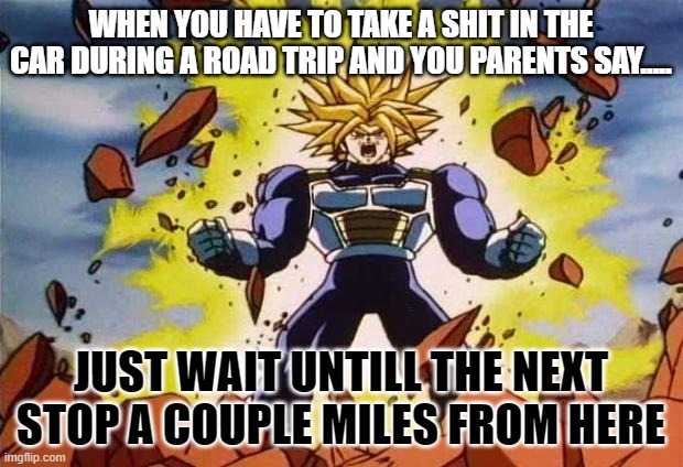Dragon ball z | WHEN YOU HAVE TO TAKE A SHIT IN THE CAR DURING A ROAD TRIP AND YOU PARENTS SAY..... JUST WAIT UNTILL THE NEXT STOP A COUPLE MILES FROM HERE | image tagged in dragon ball z | made w/ Imgflip meme maker