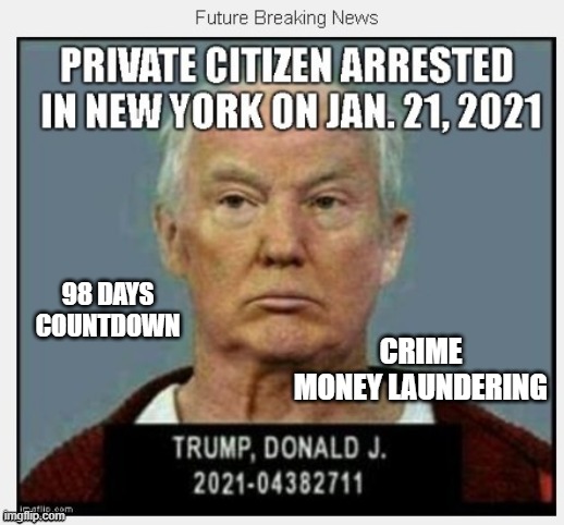 98 Days To Go Until January 21, 2021 | 98 DAYS
COUNTDOWN; CRIME
MONEY LAUNDERING | image tagged in countdown,criminal,liar,traitor,conman,psychopath | made w/ Imgflip meme maker