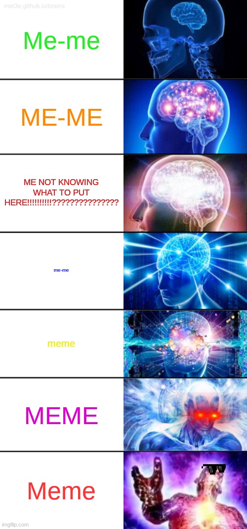 7-Tier Expanding Brain | Me-me; ME-ME; ME NOT KNOWING WHAT TO PUT HERE!!!!!!!!!!??????????????? me-me; meme; MEME; Meme | image tagged in 7-tier expanding brain | made w/ Imgflip meme maker