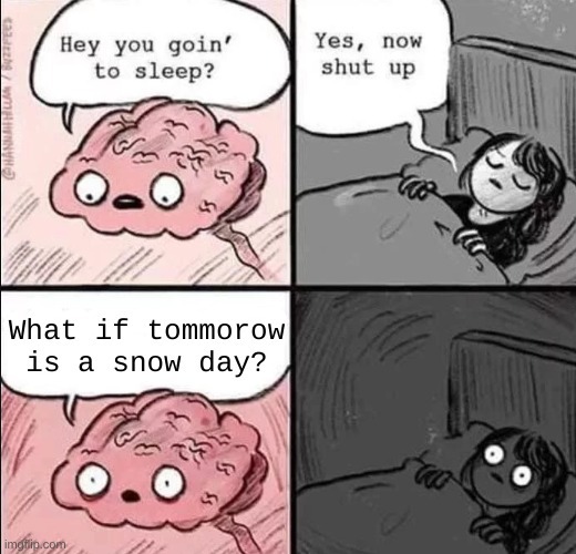 waking up brain | What if tommorow is a snow day? | image tagged in waking up brain | made w/ Imgflip meme maker
