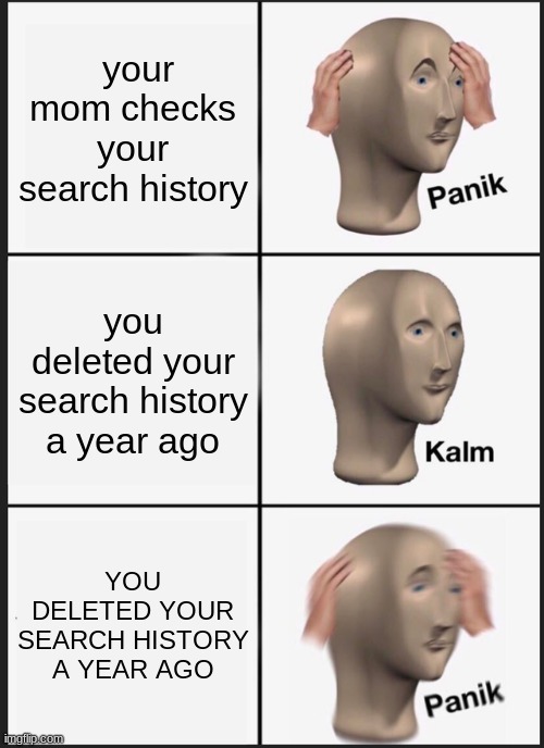 Panik Kalm Panik | your mom checks your search history; you deleted your search history a year ago; YOU DELETED YOUR SEARCH HISTORY A YEAR AGO | image tagged in memes,panik kalm panik | made w/ Imgflip meme maker