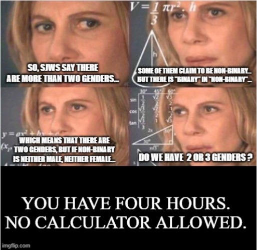 This meme already exist, I just post it again on another stream | image tagged in memes,sjw,non-binary,math lady/confused lady,male,female | made w/ Imgflip meme maker