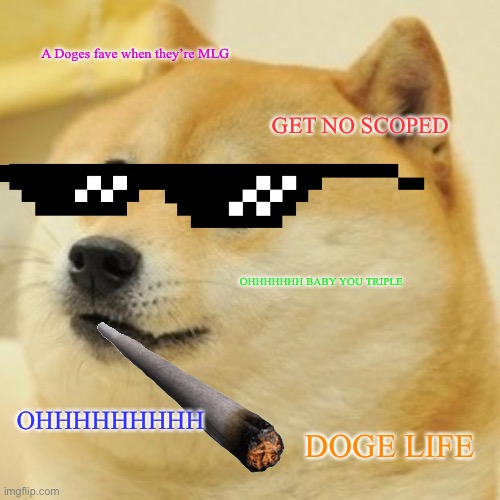 Doge |  A Doges fave when they’re MLG; GET NO SCOPED; OHHHHHHH BABY YOU TRIPLE; OHHHHHHHHH; DOGE LIFE | image tagged in memes,doge | made w/ Imgflip meme maker