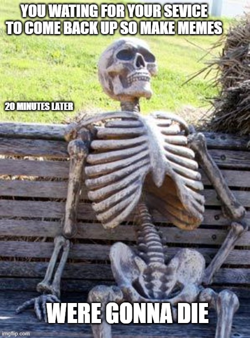 sad skelotone | YOU WATING FOR YOUR SEVICE TO COME BACK UP SO MAKE MEMES; 20 MINUTES LATER; WERE GONNA DIE | image tagged in memes,waiting skeleton | made w/ Imgflip meme maker