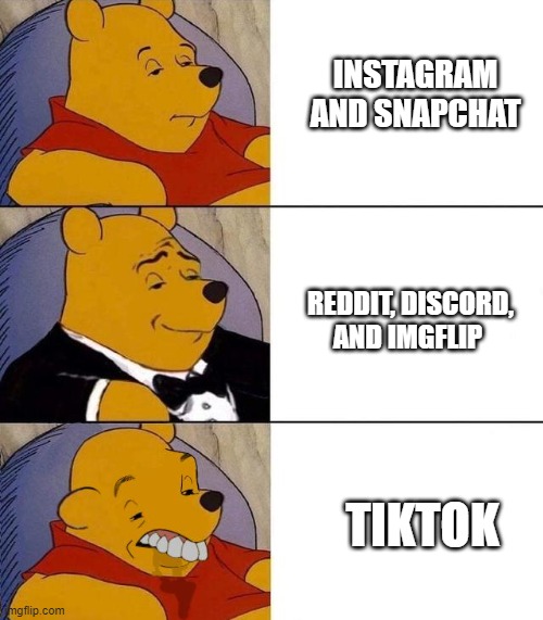 Best,Better, Blurst | INSTAGRAM AND SNAPCHAT; REDDIT, DISCORD, AND IMGFLIP; TIKTOK | image tagged in best better blurst,memes | made w/ Imgflip meme maker