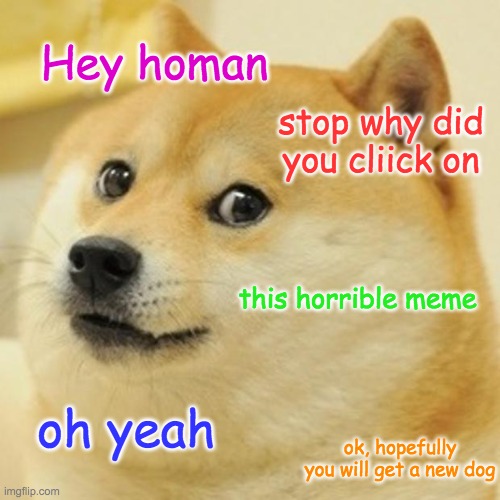 Doge | Hey homan; stop why did you cliick on; this horrible meme; oh yeah; ok, hopefully you will get a new dog | image tagged in memes,doge | made w/ Imgflip meme maker