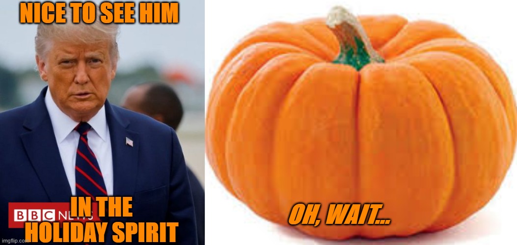 just another trumpkin meme | NICE TO SEE HIM; IN THE HOLIDAY SPIRIT; OH, WAIT... | image tagged in trump,pumpkin,trumpkin,donald trump,holloween,funny | made w/ Imgflip meme maker