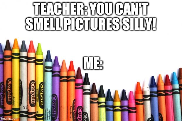 Sniff sniff |  TEACHER: YOU CAN'T SMELL PICTURES SILLY! ME: | image tagged in crayons | made w/ Imgflip meme maker