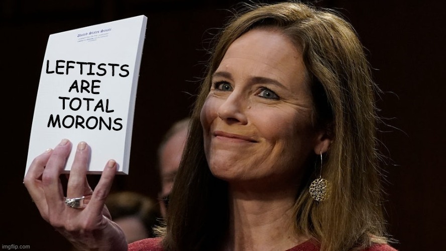 SCOTUS hearing notes | LEFTISTS
ARE 
TOTAL
MORONS | image tagged in amy coney barrett,scotus,trump,maga | made w/ Imgflip meme maker