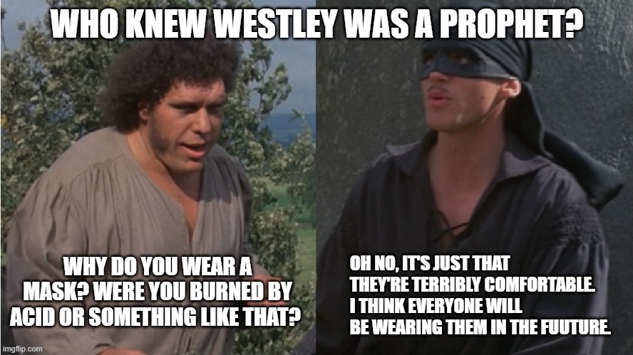 Westley the Prophet | WHO KNEW WESTLEY WAS A PROPHET? OH NO, IT'S JUST THAT THEY'RE TERRIBLY COMFORTABLE. I THINK EVERYONE WILL BE WEARING THEM IN THE FUUTURE. WHY DO YOU WEAR A MASK? WERE YOU BURNED BY ACID OR SOMETHING LIKE THAT? | image tagged in princess bride,masks,fezzik,westley,prophetic | made w/ Imgflip meme maker