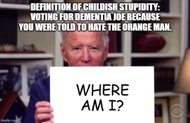 Where Am I? | DEFINITION OF CHILDISH STUPIDITY:
VOTING FOR DEMENTIA JOE BECAUSE
YOU WERE TOLD TO HATE THE ORANGE MAN. WHERE
AM I? | image tagged in demented joe biden | made w/ Imgflip meme maker