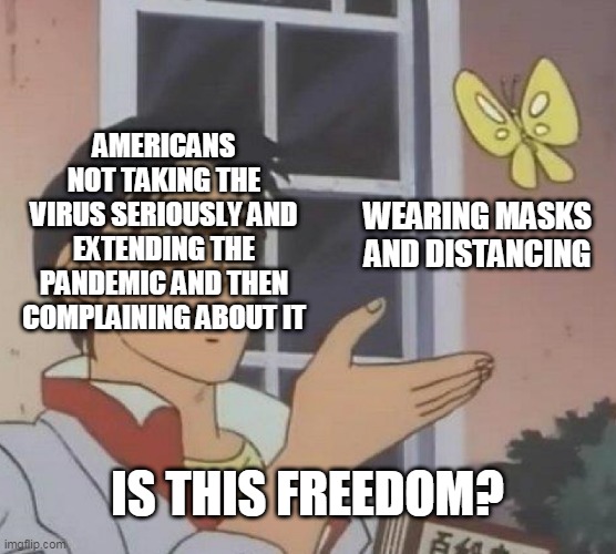 Is this Freedom? | AMERICANS NOT TAKING THE VIRUS SERIOUSLY AND EXTENDING THE PANDEMIC AND THEN COMPLAINING ABOUT IT; WEARING MASKS AND DISTANCING; IS THIS FREEDOM? | image tagged in memes,is this a pigeon | made w/ Imgflip meme maker