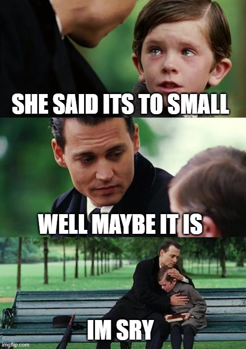 Finding Neverland | SHE SAID ITS TO SMALL; WELL MAYBE IT IS; IM SRY | image tagged in memes,finding neverland | made w/ Imgflip meme maker