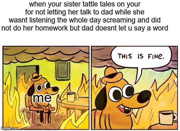 this happened today | when your sister tattle tales on your for not letting her talk to dad while she wasnt listening the whole day screaming and did not do her homework but dad doesnt let u say a word; me | image tagged in memes,this is fine | made w/ Imgflip meme maker