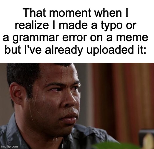 This actually just happened |  That moment when I realize I made a typo or a grammar error on a meme but I've already uploaded it: | image tagged in sweating bullets,typos,im scared | made w/ Imgflip meme maker