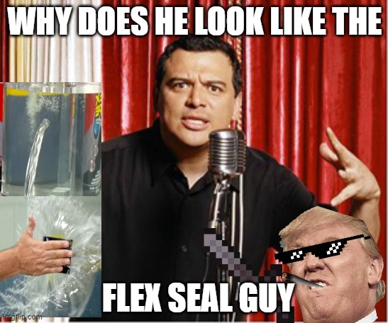 repost carlos | WHY DOES HE LOOK LIKE THE; FLEX SEAL GUY | image tagged in repost carlos,flex tape | made w/ Imgflip meme maker
