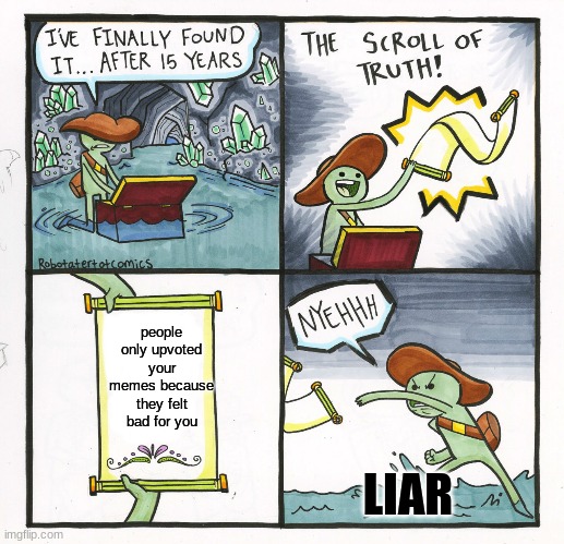 yeeter... | people only upvoted your memes because they felt bad for you; LIAR | image tagged in memes,the scroll of truth | made w/ Imgflip meme maker