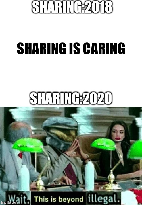 No more sharing | SHARING:2018; SHARING IS CARING; SHARING:2020 | image tagged in blank white template,wait this is beyond illegal | made w/ Imgflip meme maker