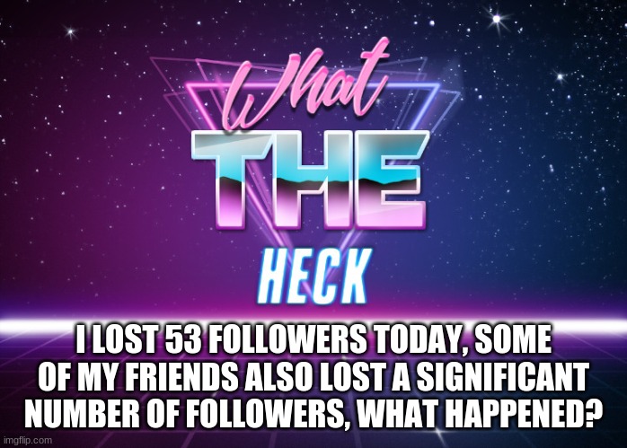 What the heck retro | I LOST 53 FOLLOWERS TODAY, SOME OF MY FRIENDS ALSO LOST A SIGNIFICANT NUMBER OF FOLLOWERS, WHAT HAPPENED? | image tagged in what the heck retro | made w/ Imgflip meme maker